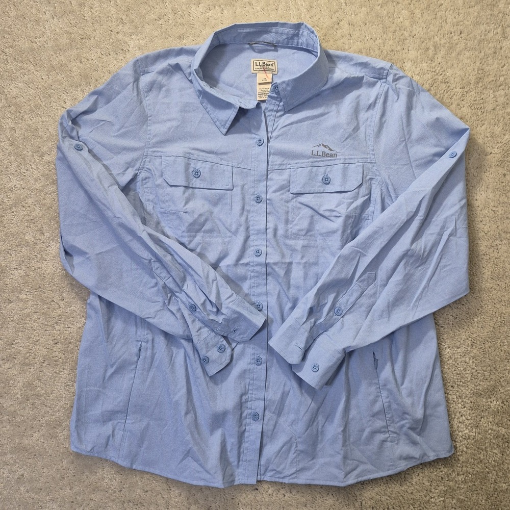 LL Bean No Fly Zone Shirt Womens 1X Blue Button Up Roll Tab Fish Hiking Outdoor - Picture 2 of 9